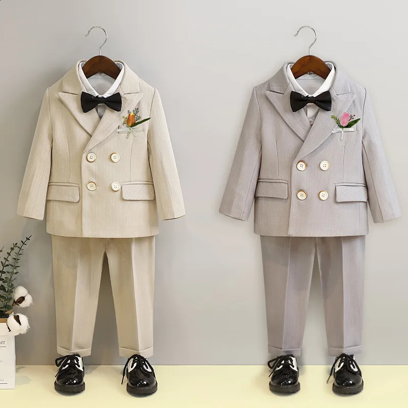 Child Fomal Khaki Suit Set British Style Baby Boys Wedding Birthday Party Performance Costume Kids Blazer Pants Bowtie Clothes 250120
