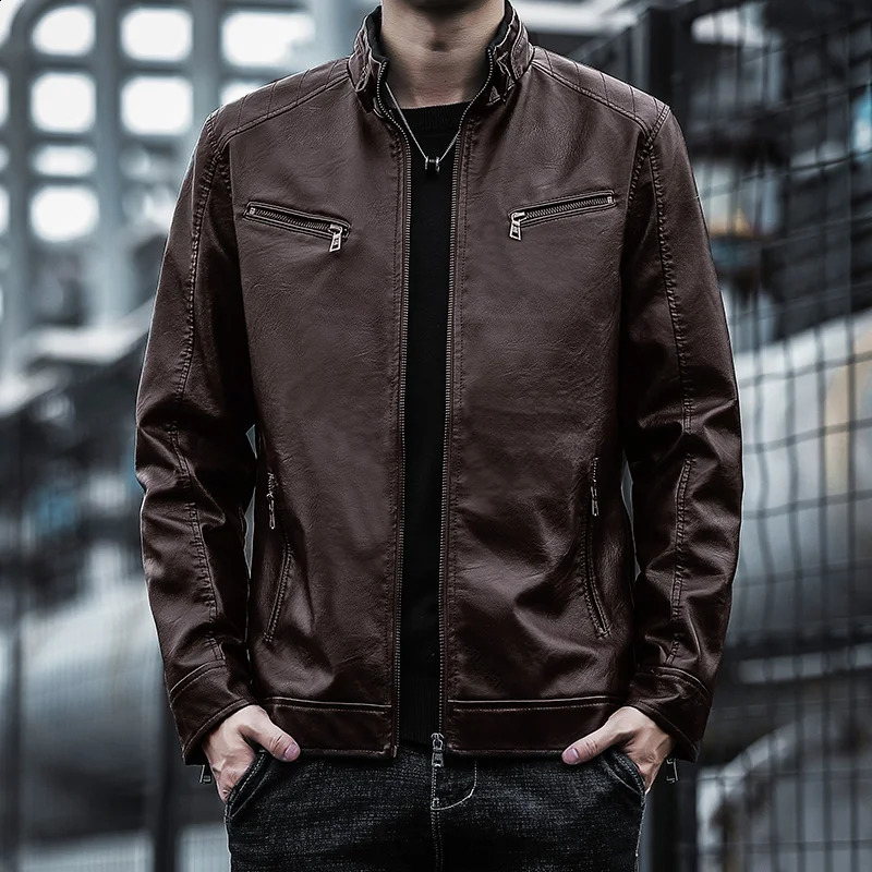 Causal Fashion Leather Jacket Men Spring Outdoor Outwear Autumn Coat Motor Biker Pocket PU Male 250109Z