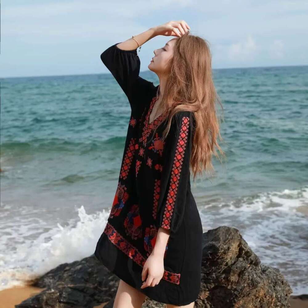 V Neck Black Beach Ral Embroidery Boho Short Dress New Ethnic Vacation Dresses Femme Summer Chic Robes