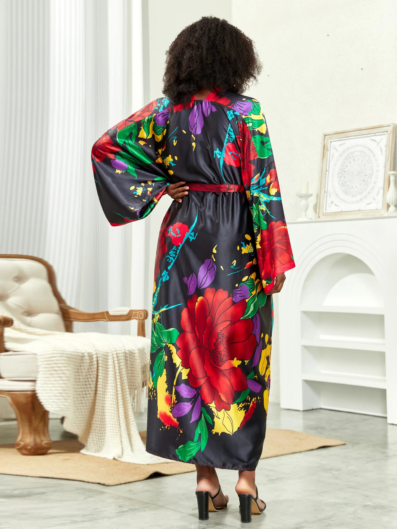 Plus Bohemian kimono womens plus lotus print contrast binding long sleeved open front waistband overlay 250122