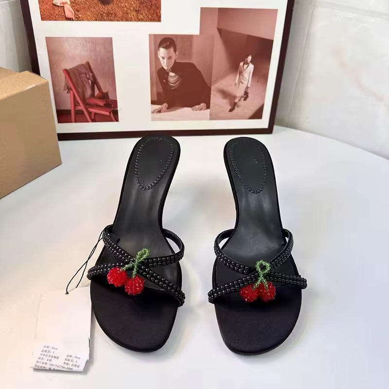 TRAF Cherry Decorate Black High Heel Slippers Women Round Head Open Toe Sgback Stilettos Sweet Pump Sandals Shoe For Woman