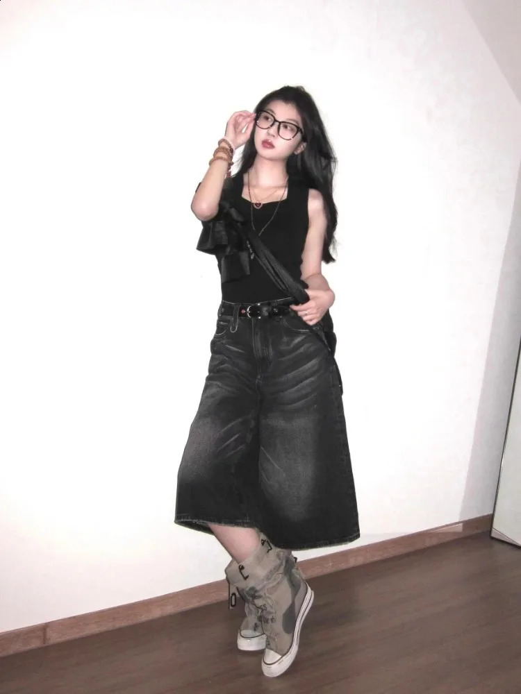 Retro Y2k Baggy Jorts Women Men Whiskers Black Jeans Low Waist Casual Wide Pants Frayed Denim Shorts 250122