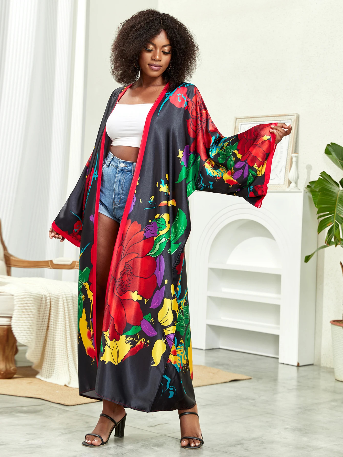 Plus Bohemian kimono womens plus lotus print contrast binding long sleeved open front waistband overlay 250122