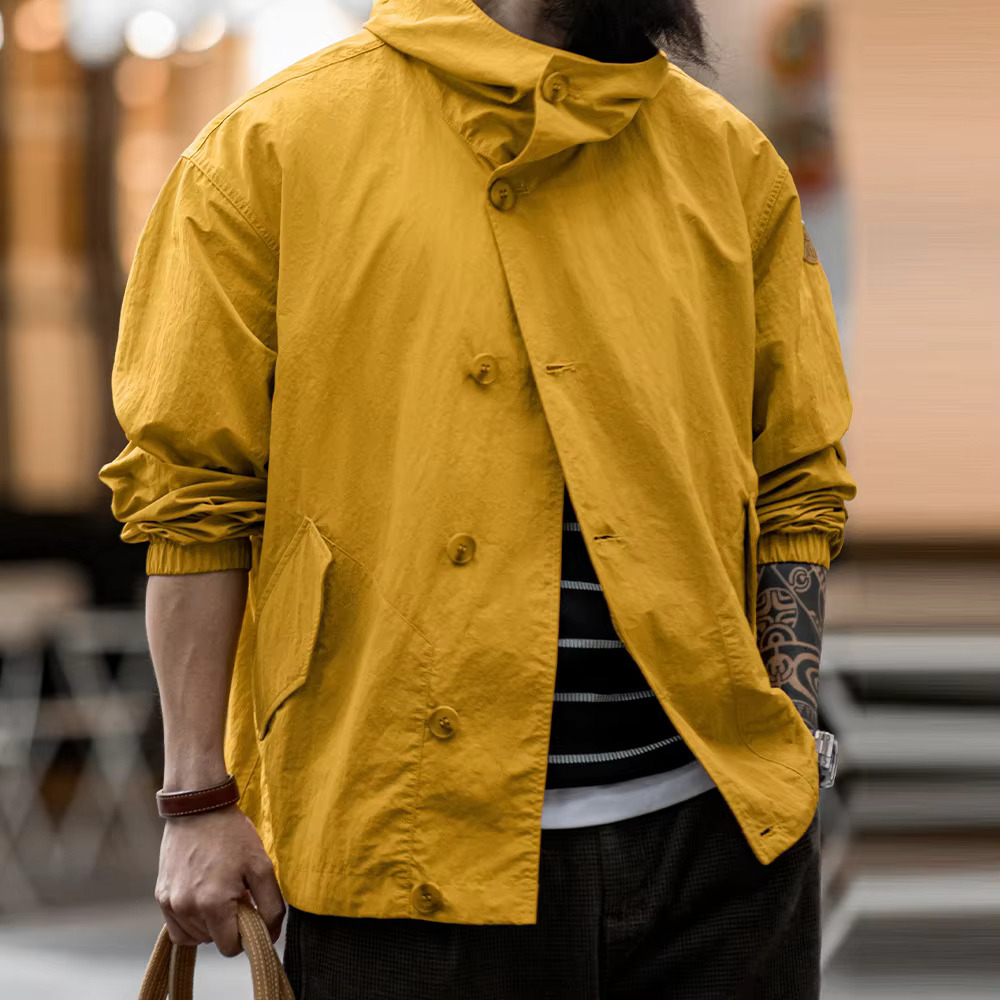 Maden Vintage Solid Color Thin Hooded Jacket Outdoor Loose Single-Breasted Coat Men's All-Match Outerwear For Autumn And Winter