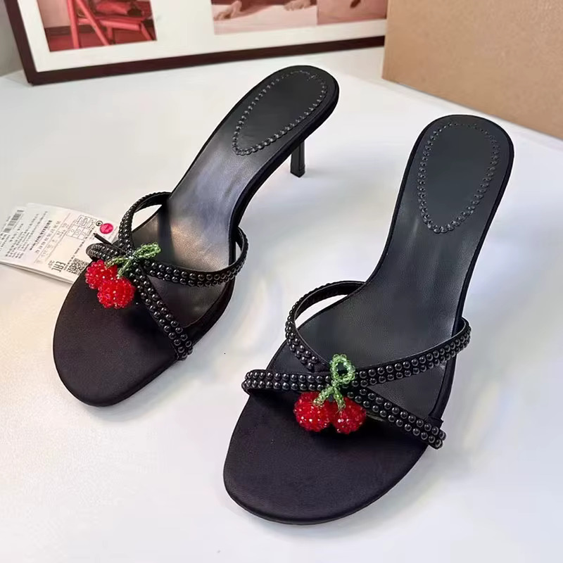 TRAF Cherry Decorate Black High Heel Slippers Women Round Head Open Toe Sgback Stilettos Sweet Pump Sandals Shoe For Woman