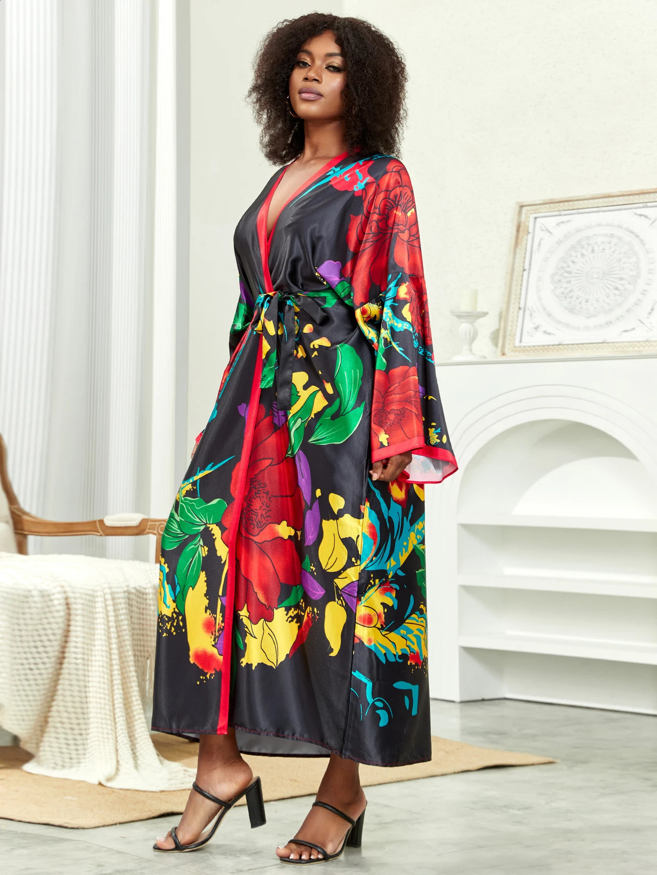 Plus Bohemian kimono womens plus lotus print contrast binding long sleeved open front waistband overlay 250122