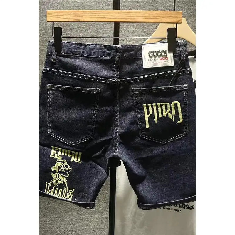 Summer Casual Denim Shorts for Men Knee Length Jeans Embroidery Trendy Slim Pants Korean Style Black Short 250121