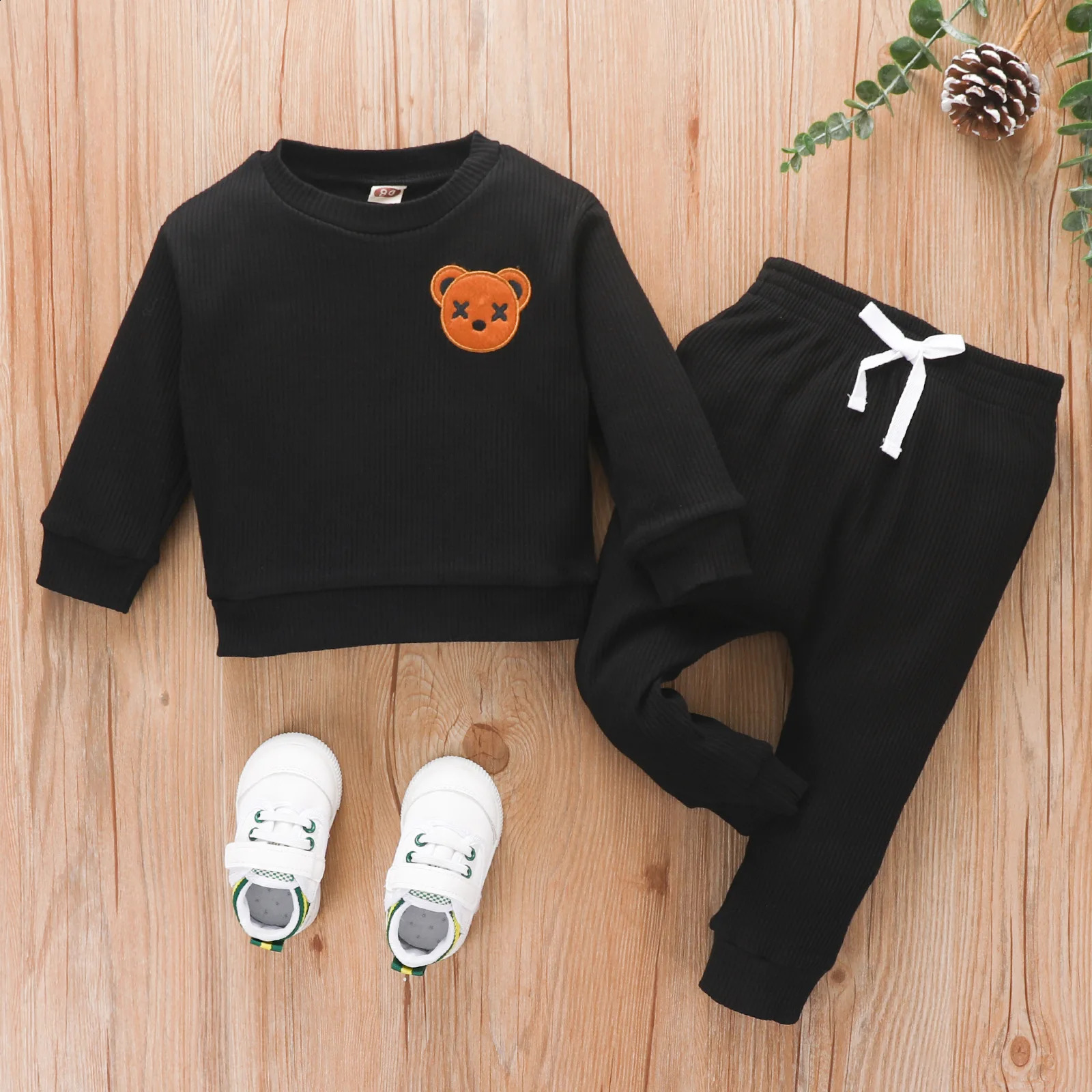 Spring Autumn Kids Baby Boys 2PCS Clothes Ribbed Long Sleeve Bear Pullovers Drawstring Pants Suit Toddler Outfits 250117