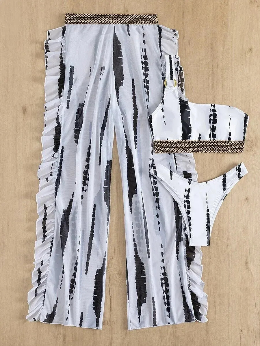 Allover Print One Shoulder Bikini Swimsuit Cover Up Pants Swimwear Female Bathers Bathing Swimming Suit Summer Beachwear 250122