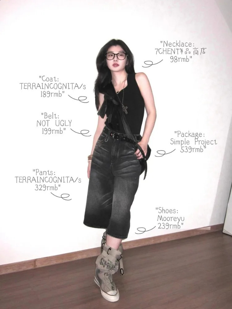 Retro Y2k Baggy Jorts Women Men Whiskers Black Jeans Low Waist Casual Wide Pants Frayed Denim Shorts 250122