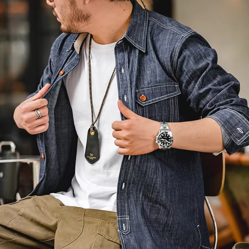 Maden Retro Thin Long-Sleeved Denim Shirts Single-Breasted Lapel Collar Design Cotton Men's Spring And Autumn Blouses