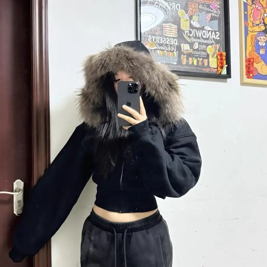 Black Fur Collar Zipper Hooded Sweatshirt Fashion High Street Trendy Zipper Hooded Sweatshirt Korean Style Zip Hooded Sweatshirt 250109