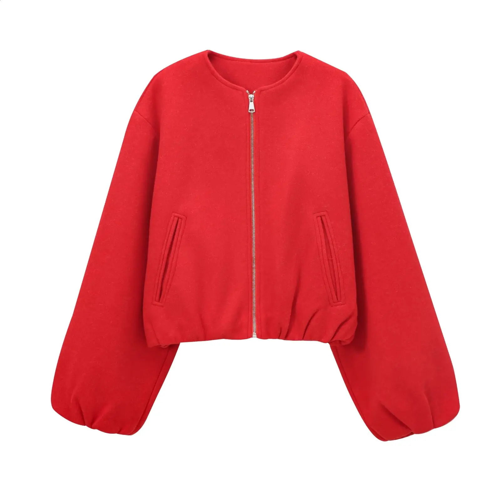 TRAF Red Zipper Bomber Jackets for Women Soft Cropped Jackets Woman 2024 Long Sleeve Womans Sports Jacket in Outerwears 250118