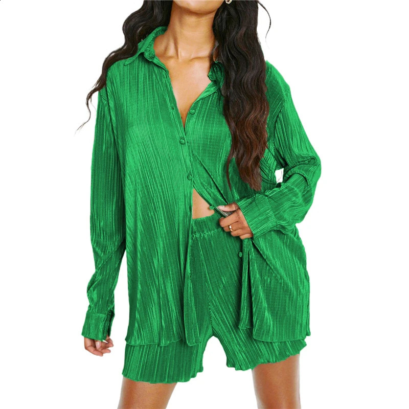 Pleated Shorts Set 2 Piece Outfits for Women 2000s Aesthetic Ruched Long Sleeve Button Down Shirt Tops and Shorts y2k Clothing 250113