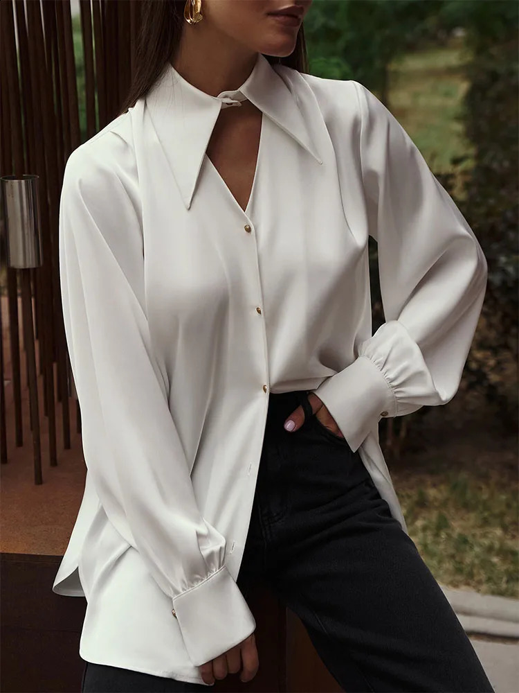 Ahagaga Womens Blouses Trend Sexy Culb Vneck Button Long Sleeve Shirts Elegant Blouse Solid Fashion Loose Tops Female 250110
