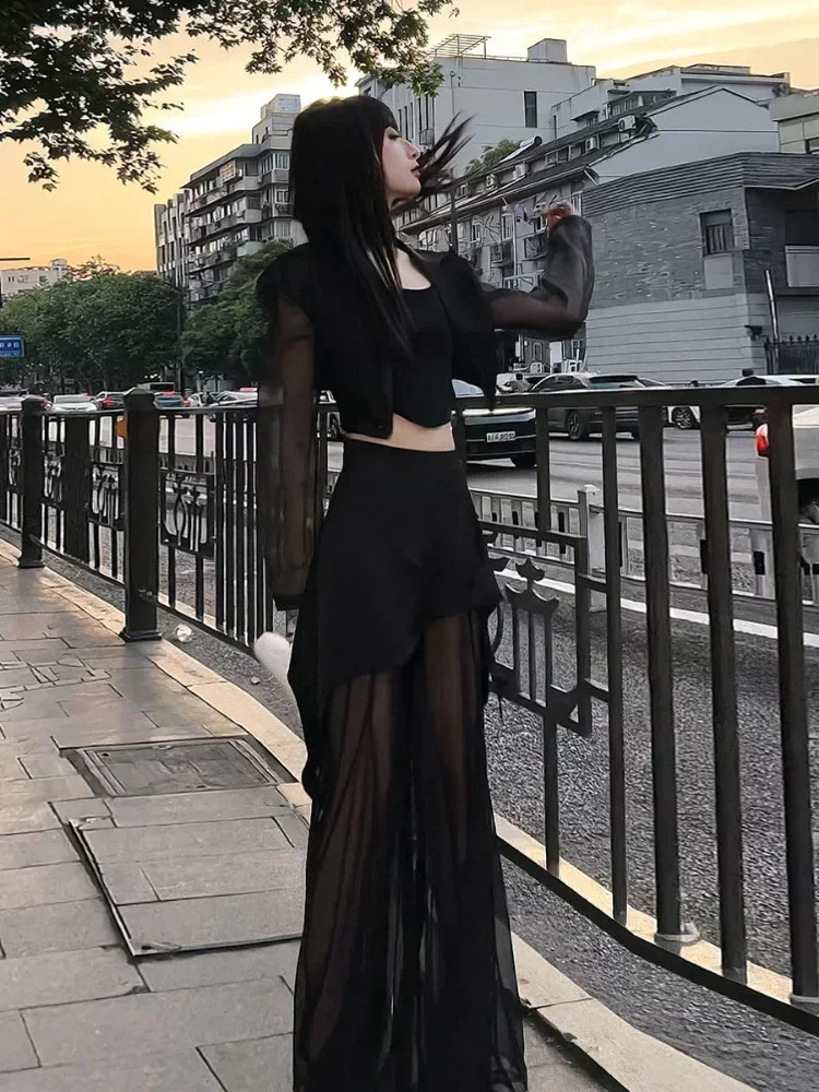 Korean Simple High Waist Hollow Out Black Pants Y2k EGirl Slim Fit Mesh Long Sleeve Top Grunge Two Piece Sets 250113