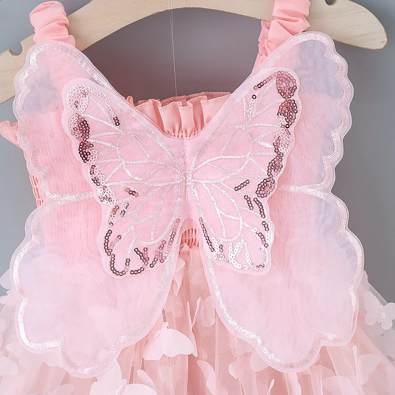 Girls Summer Dress With Large Butterfly Wings On The Back Drawstring Waist Mesh Colorful Princess Party 250116