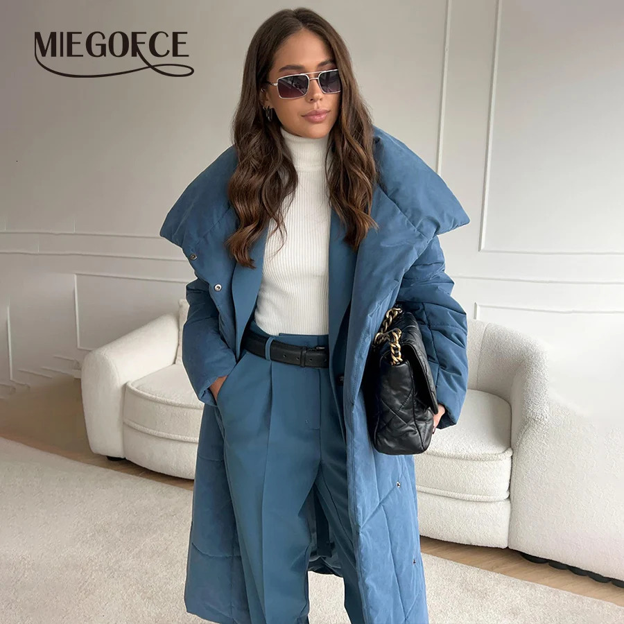 MIEGOFCE 2024 Autumn Winter New Long Coat European And American Loose Casual Warm Stand-Up Collar Parka With Belt Jacket Wt0041