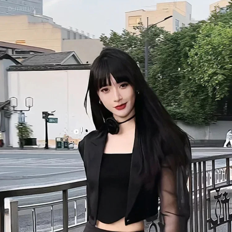 Korean Simple High Waist Hollow Out Black Pants Y2k EGirl Slim Fit Mesh Long Sleeve Top Grunge Two Piece Sets 250113