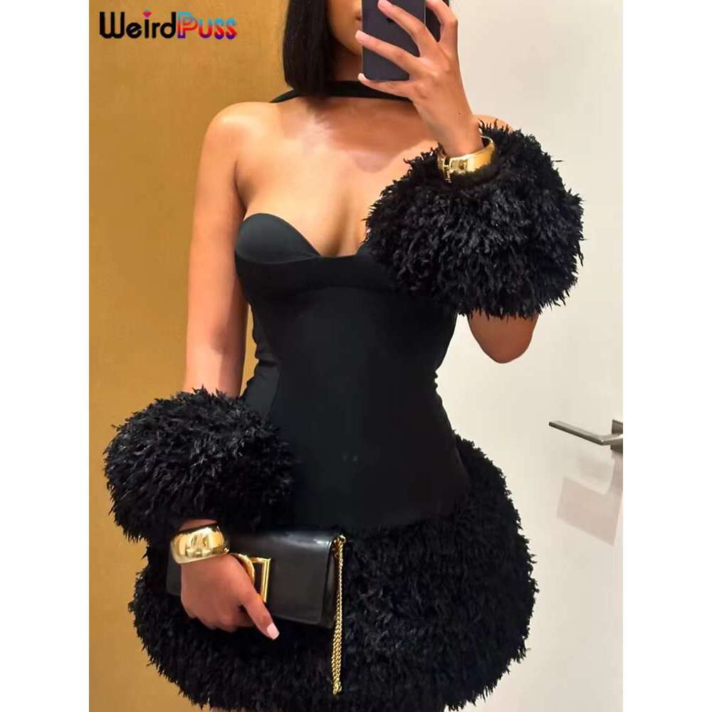Women's Wear Dress Weird Puss Dress Women Backless Elegant Bracelets Fluff Patchwork Bodycon Birthday Midnight Sexy Party Trend Clubwear