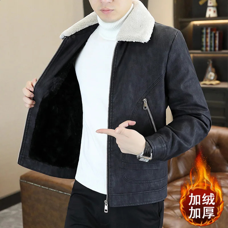 Winter Mens Leather Jacket Fashion Thick Warm Fur Integrated Turn Down Collar Motorcycle Streetwear Men Clothing 250109Z