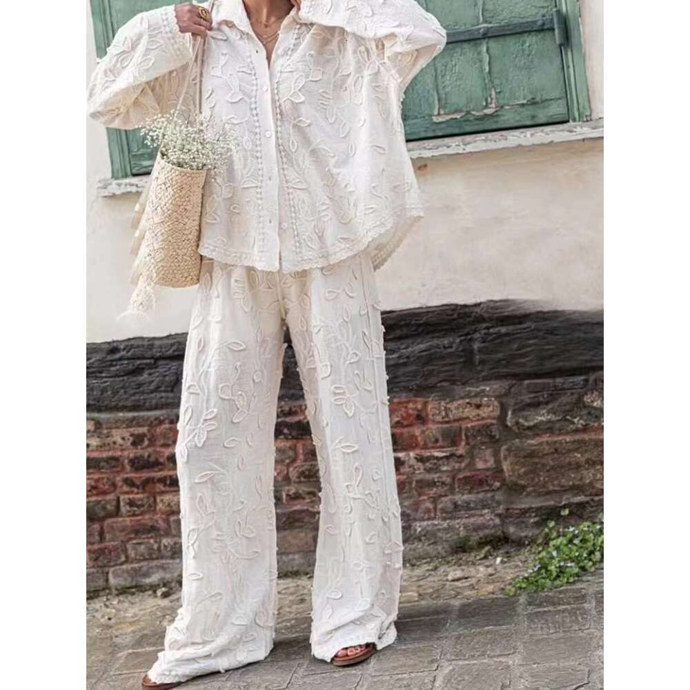 2025 New Wer Jacquard Pants Sets Spring Long Sleeve Lace Trim Blouse+Trouser Suits Casual Fashion Elegant 2 Piece Set Women