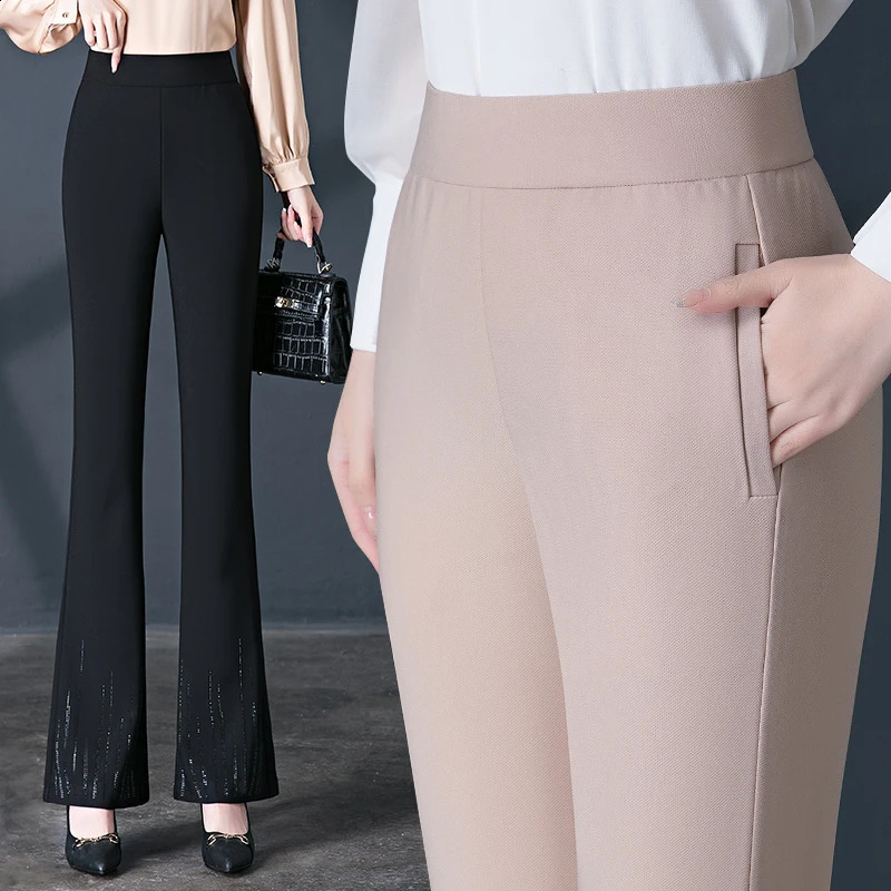 Spring Micro La Casual Pants Womens Elastic Waist High Diamond Temperament Middle aged Mom Trumpet Fishtail Pant 250108