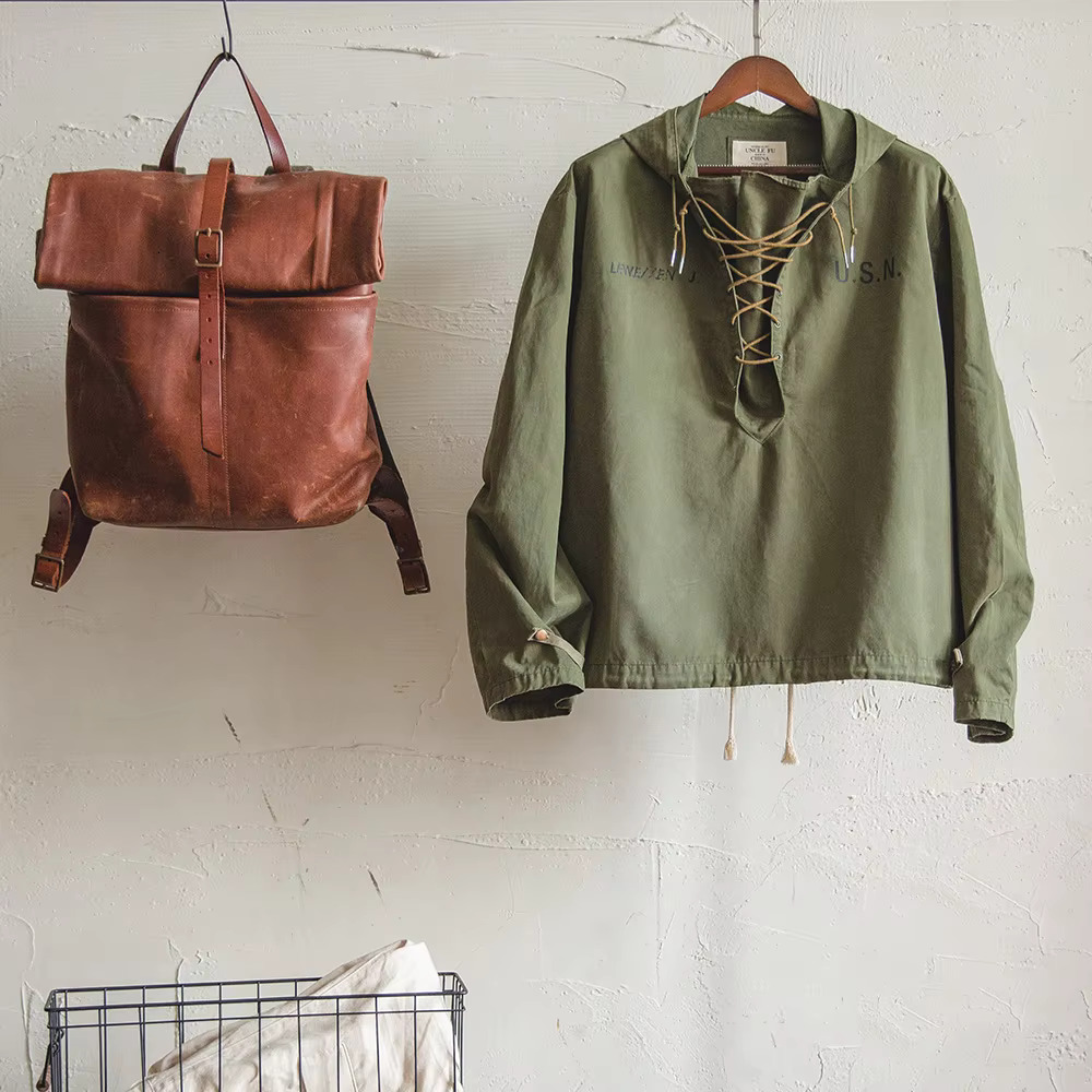Maden Retro Green Deck Jacket Hooded Sweatshirt Wtih Drawstring Collar Cuffs Adjustable Design Windbreaker Pullover For Men