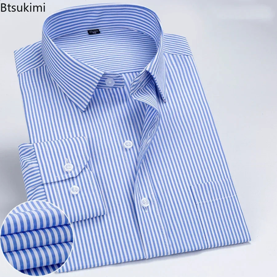 2025 Mens Long Sleeve Cotton Shirt Striped n Spring Autumn Business Formal Dress Shirts for Men Party Wedding Male 250122