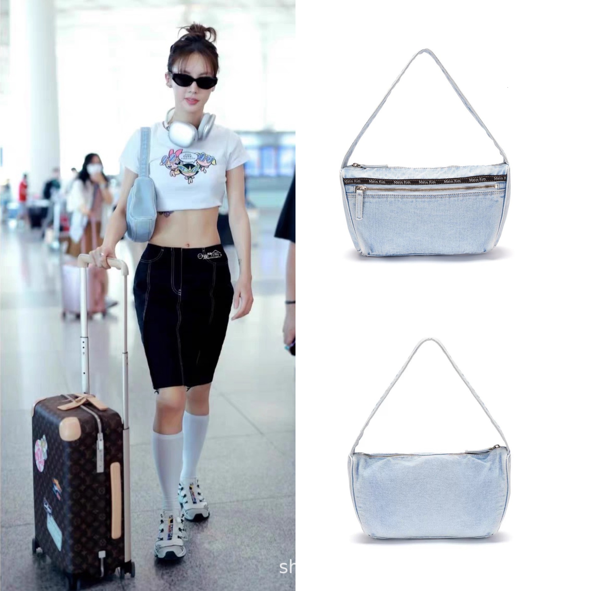Jin Chen's same Korean niche Matin Kim embroidered denim baguette bag, versatile commuting single shoulder handbag