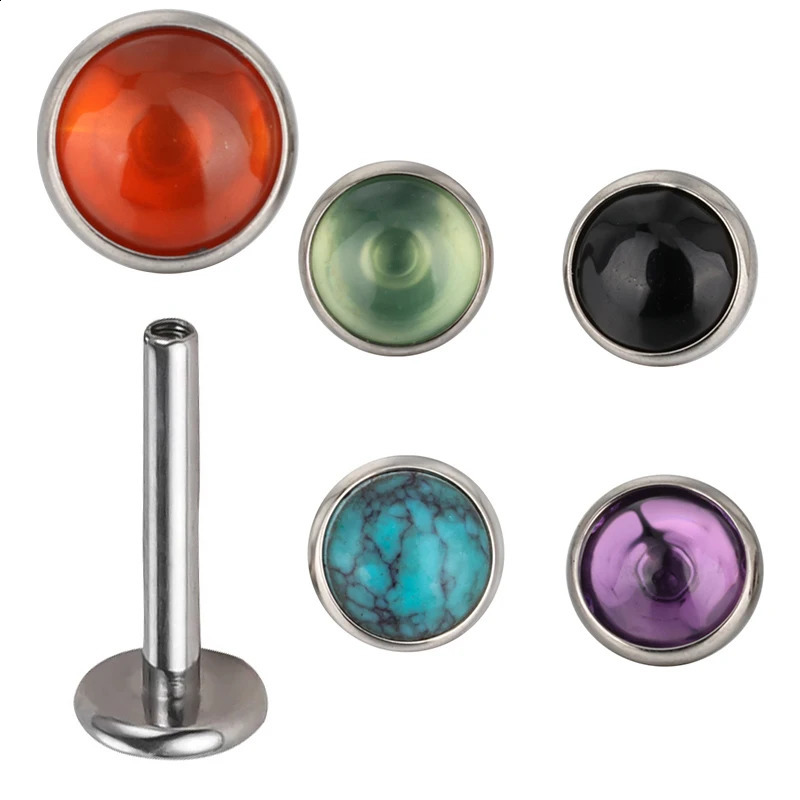 ASTM 36 PIERC Circular Ear Lip Studs with Natural Stone Top Labret Tongue Nose Stud Earrings Body Piercing Jewelry 250110