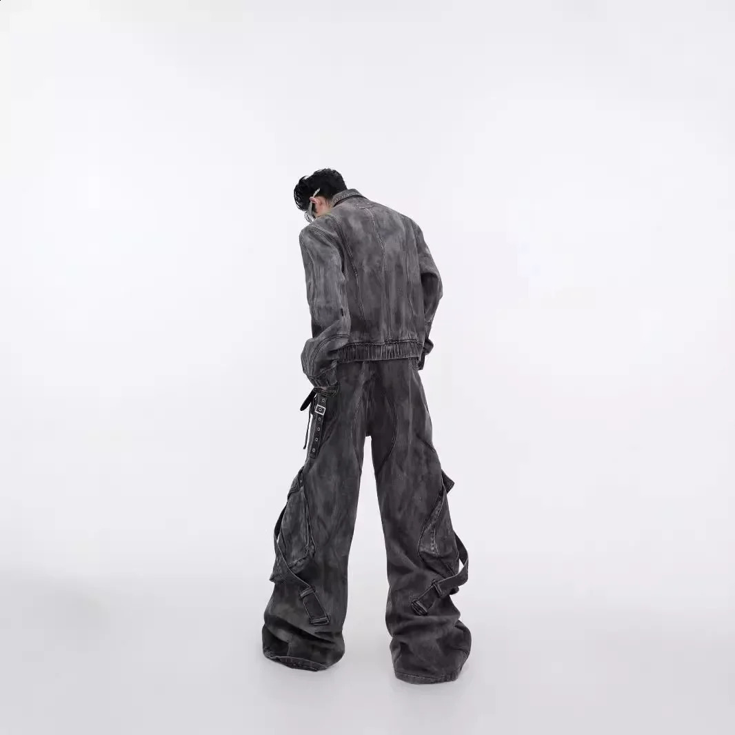 2024 Niche Vintage Distressed Denim Jacket Large Pocket Cargo Pants Casual Loose Fit Zipper Up Terrain Heavy Duty Clothing 250109