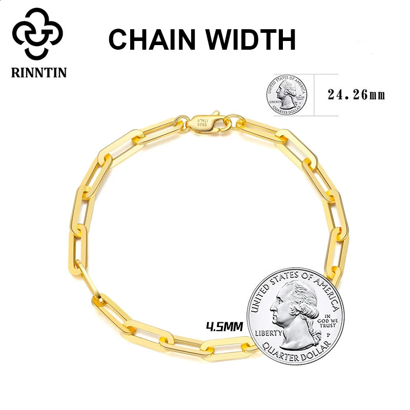 Rinntin 14K Gold Plated Genuine 925 Sterling Silver Paperclip Link Chain Bracelet for Women Men Hand Bracelet Jewelry SB109 250117