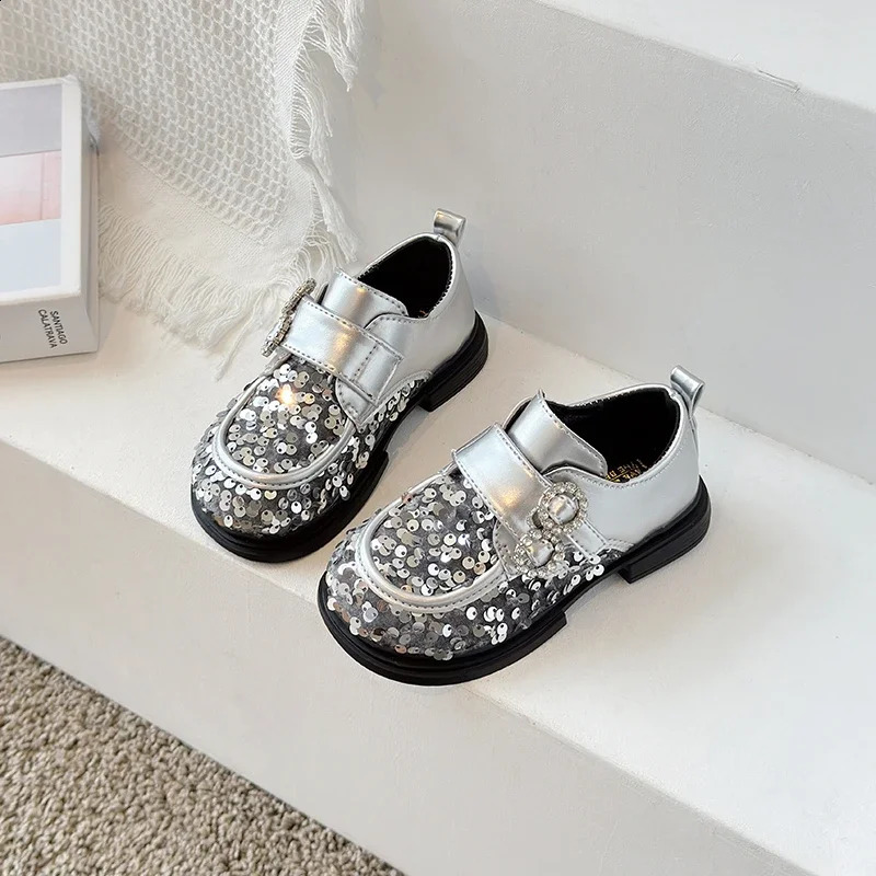 Jogerli Bling Fashion Leather Shoe For Kids Girls Sequined Black Silver Rubber Children School Dress Shoes For Party 250121