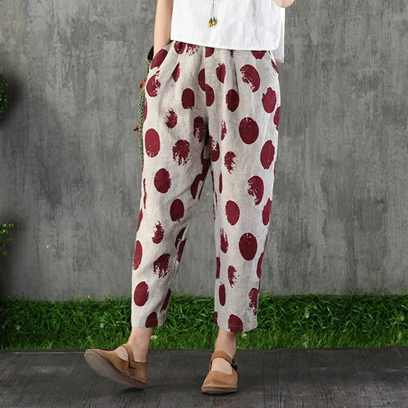 Cotton and Linen Pants for Women Summer Printing Harem Female Mother Loose Retro Fashion Womens Ankle Length 250122