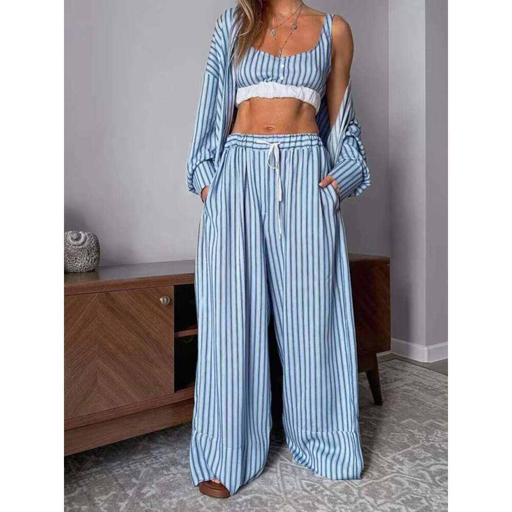 Spring New Blue Striped 2 Piece Set Women Long Sleeve Blouse+Buttons Bra+Elastic Waist Trouser Suits Home Casual Pamas 2025