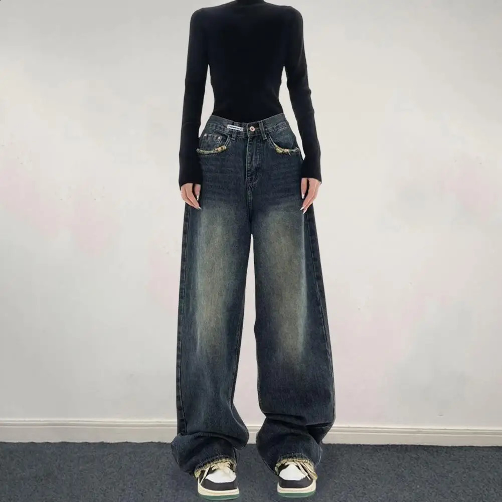 Womens Harajuku Style Loose Wide Leg Jeans Pants Autumn Winter American Fashion Retro Baggy Straight Loose Denim Trousers 250117