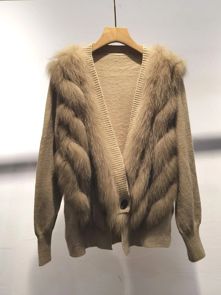 Women Spring Autumn Ladys Fashion Loose Cardigan Natural Real Fox Fur Knitted Oversize Coat Fox Fur Decoration Sweater 250117