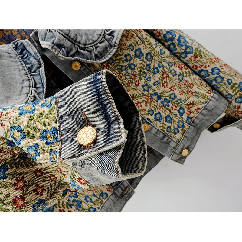 Spring Autumn Jacquard Embroidery Peter Pan Collar Denim Jacket Women Loose Short Cowboy Outerwear Casual Jeans Female 250113