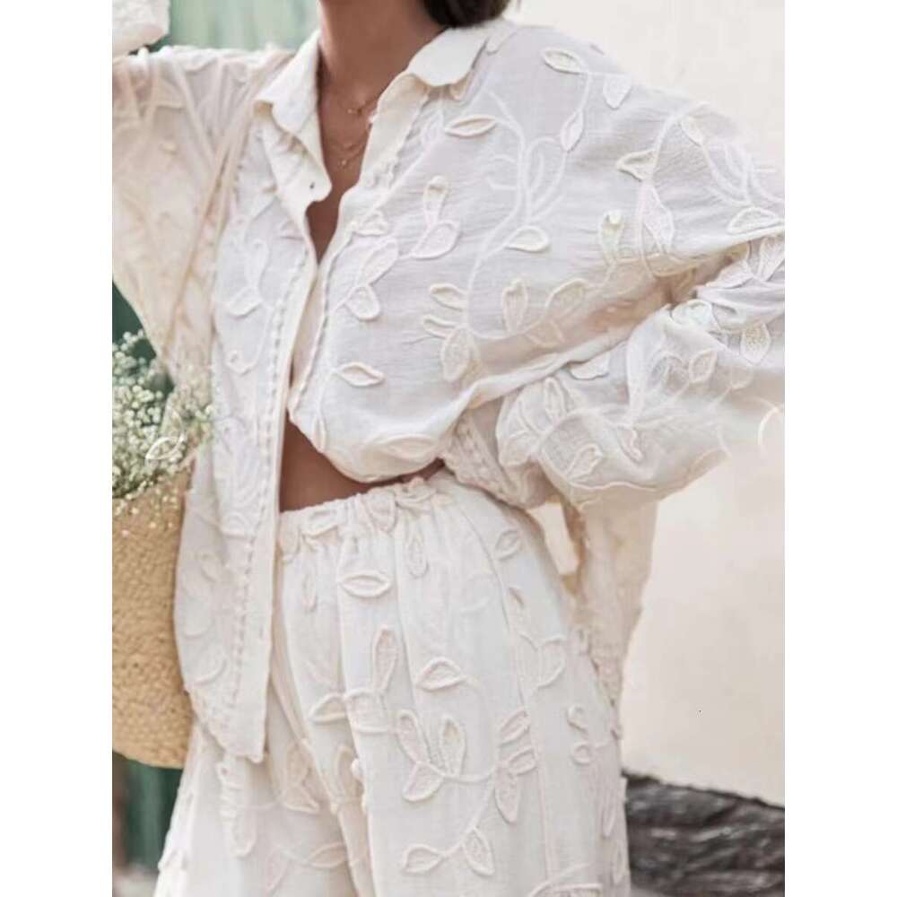 2025 New Wer Jacquard Pants Sets Spring Long Sleeve Lace Trim Blouse+Trouser Suits Casual Fashion Elegant 2 Piece Set Women