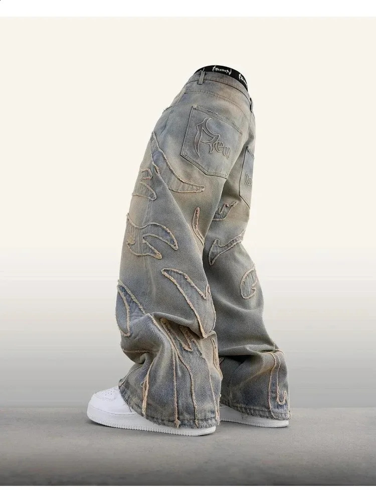Y2K Harajuku Hip Hop Patch Heavy Industry Luggage Jeans Street Fashion Retro Gothic Casual Wide Leg Mens Wear 250117