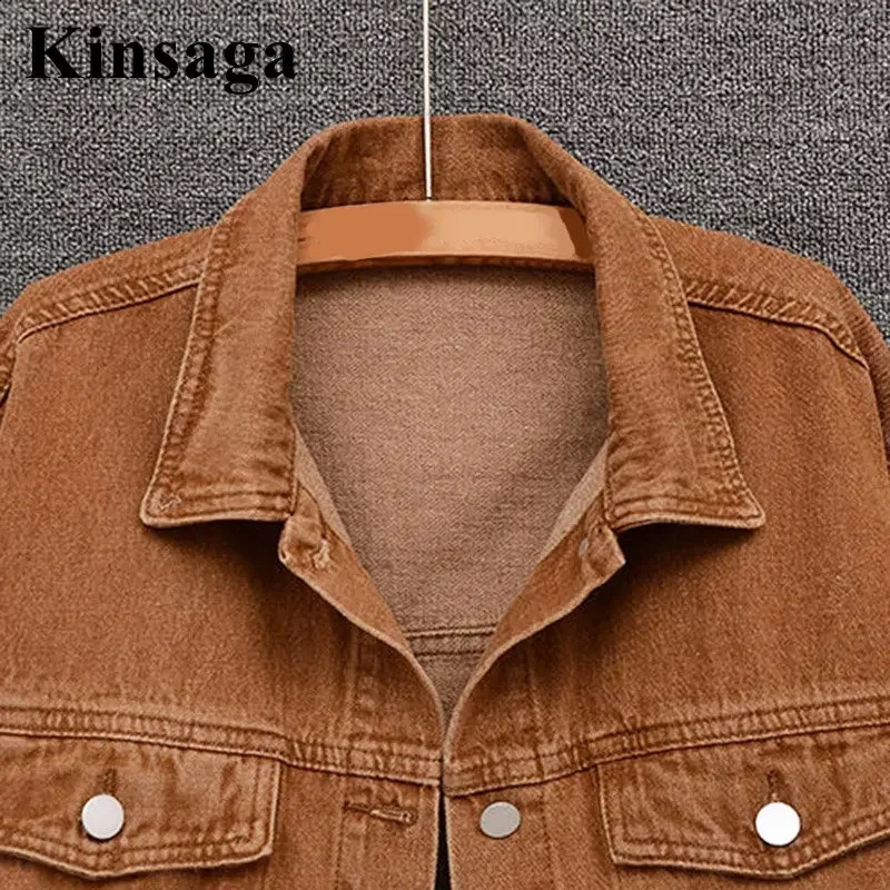 Women Street Harajuku Vintage Brown Short Denim Jackets Xl Spring Street Y2K Cropped Jeans Coats Outwear 90S s Jean Tops 250121