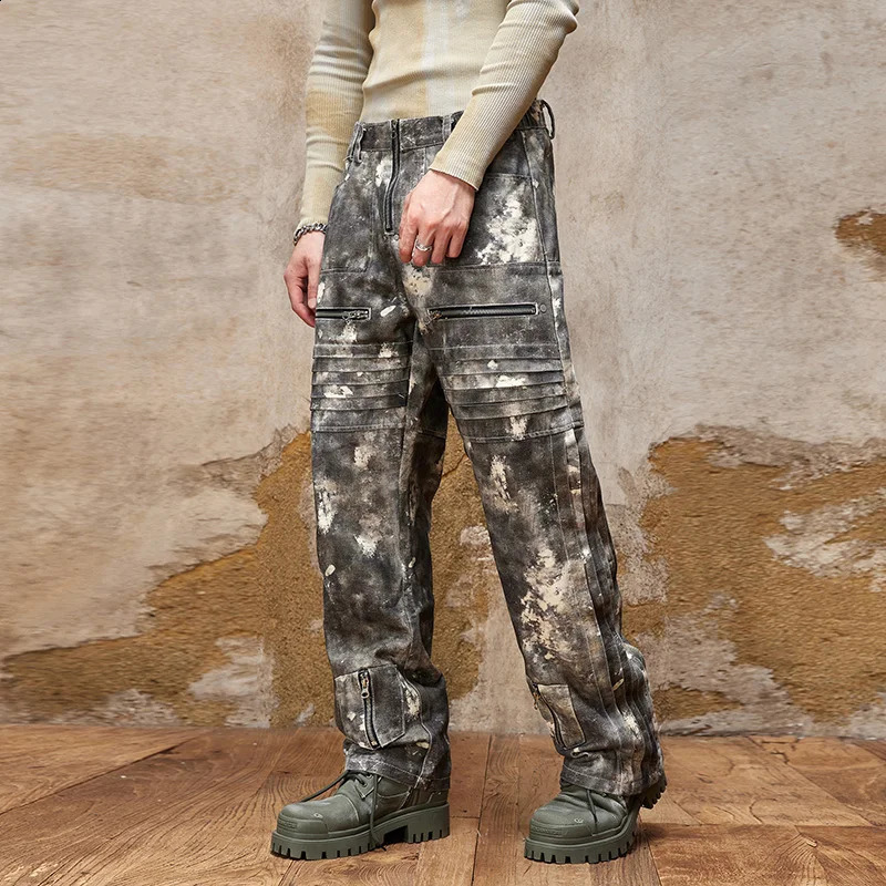 American High Street Camouflage Print n Wide Leg Jeans Mens Loose Straight Drooping Personality Motorcycle Trousers 250120
