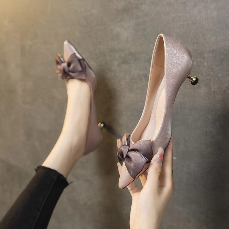 Shoes For Woman 2024 Bride Black Women's Summer Footwear Pointed Toe With Bow Stilito Low Heel Elegant Stylish Spring On Offer A
