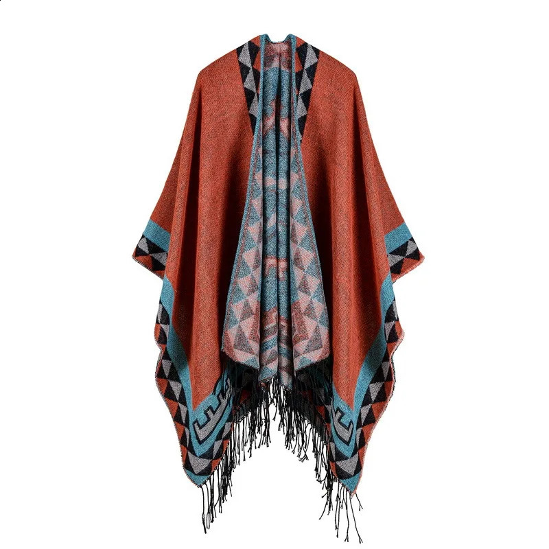 Womens Tassel Cashmere Shawl Autumn Winter Can Be Thickened Wear on Both Sides Lady Ponchos Capes Red 250121