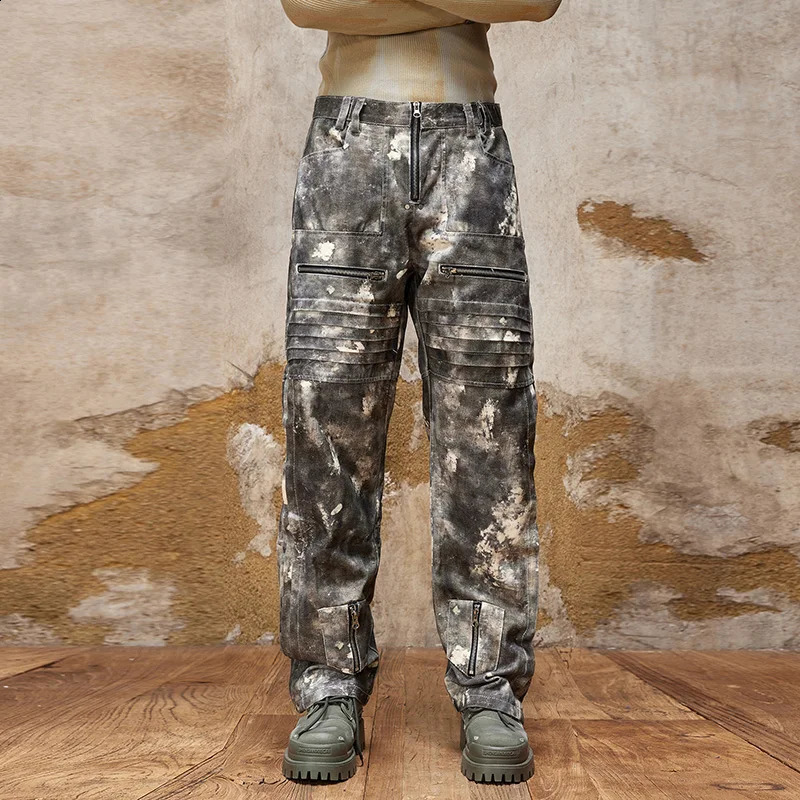 American High Street Camouflage Print n Wide Leg Jeans Mens Loose Straight Drooping Personality Motorcycle Trousers 250120
