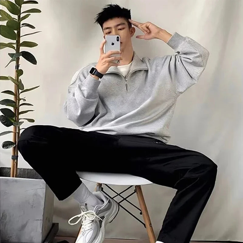 Mens Korean Fashion Halfzipper Sweatshirts Autumn Standup Collar Pullover Hoodies Y2K Vintage Solid Tops Hombre Tracksuit 250122
