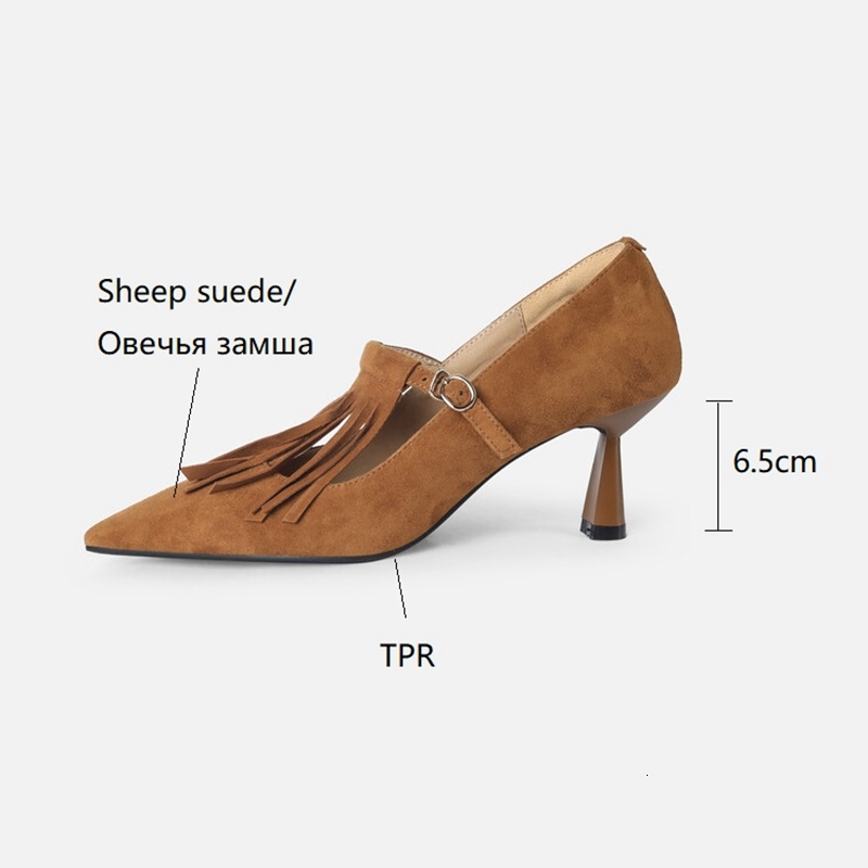 2023 Spring Women's Pumps Sheep Suede High Heels Pointed Toe Chunky For Women Thin Heel Mary Janes Tassel Party Shoes
