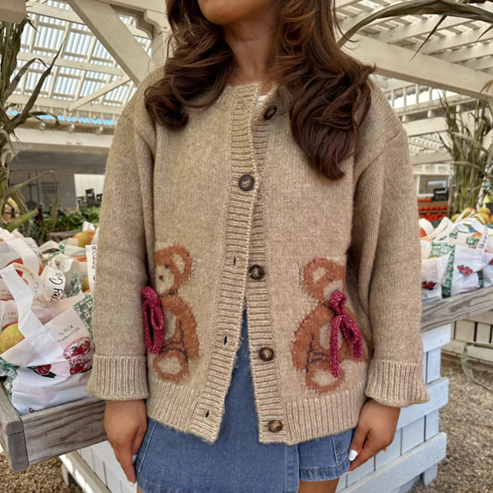 Combhasaki Womens Christmas Autumn Y2K Cute Sweater cardigan wool sweater top long sleeved round neck button down bear print knit jacket 250122