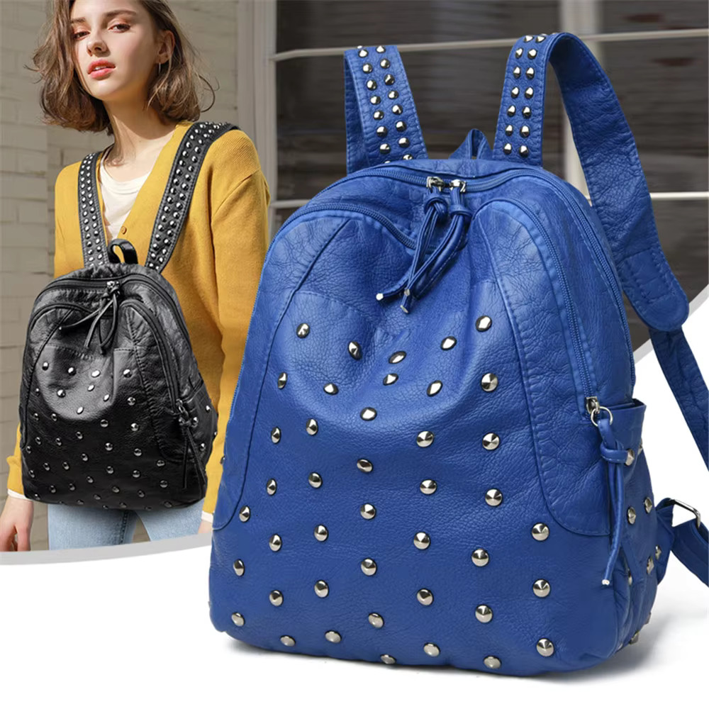 Vintage Women 'S Rivets Backpack Quality Soft Leather Leisure Travel Large Capacity School Bags For Teenage Girls Black Mochilas